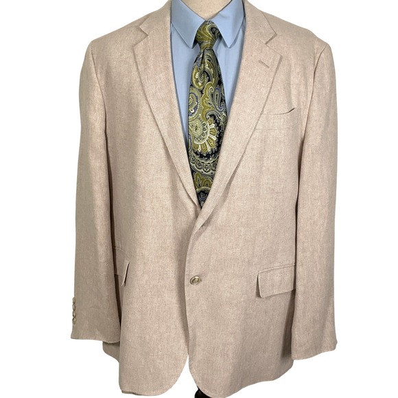 Stafford Signature Blazer 46R Beige Herringbone Classic Fit Linen Lightweight‎ - Picture 1 of 13
